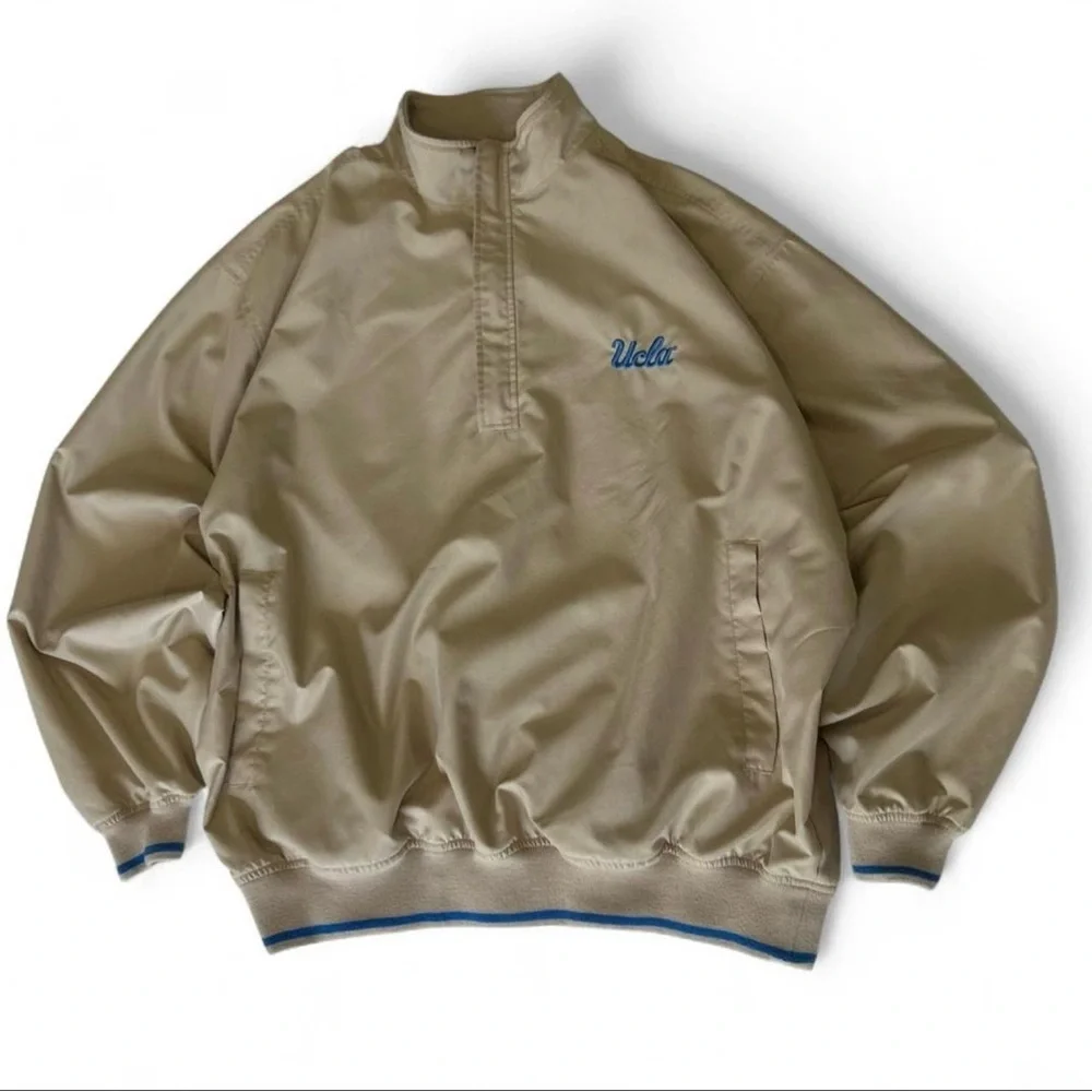 Vtg UCLA Bruins Tan Light Blue Spell-out Quarter-zip Jacket Size XL Campus Drive